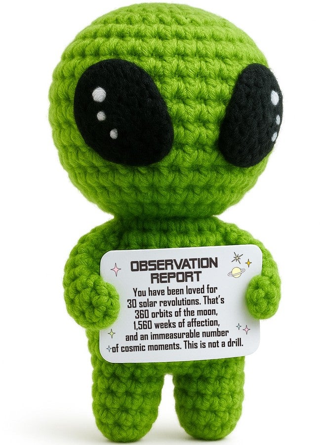 MAMAGIFTREE Happy 30th Birthday Milestone Keepsake - Handmade Crochet Alien Plush Doll with Funny Bday Message - Unique 30 Years Old Gift for Him Her Friend or Family - Image 1
